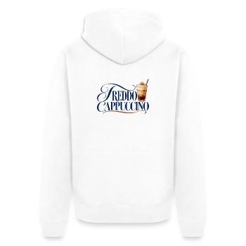 Freddo Cappuccino Schrift mit Eiskaffee - Unisex Premium Bio Zip Hoodie - Weiß - Hinten - Thijin (182cm)