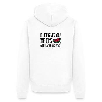 If live gives you melons, you may be dyslexic - Unisex Premium Bio Zip Hoodie - Weiß - Hinten - Thijin (182cm)