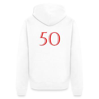 50. 50 JAHRE. 50-JÄHRIGES JUBILÄUM. 50-JÄHRIGES JUBILÄUM. - Unisex Premium Bio Zip Hoodie - Weiß - Hinten - Thijin (182cm)