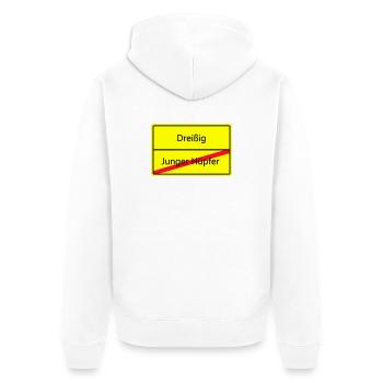 Warnschild Humor: Junger Hüpfler - Unisex Premium Bio Zip Hoodie - Weiß - Hinten - Thijin (182cm)