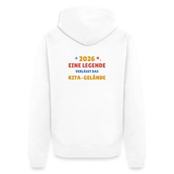 Eine Legende verlässt das Kita-Gelände - 2026 - Unisex Premium Bio Zip Hoodie - Weiß - Hinten - Thijin (182cm)