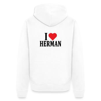 nom du t-shirt J’adore l’idée cadeau du t-shirt Herman - Veste à capuche bio Premium Unisexe - blanc - Dos - Thijin (182cm)
