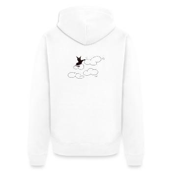 Ein niedliches schwarzes Kätzchen, das eine flauschige Wolke anstupst. Komisch. - Unisex Premium Bio Zip Hoodie - Weiß - Hinten - Thijin (182cm)