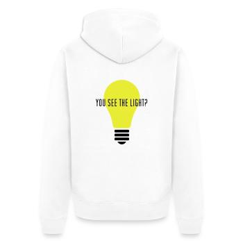 YOU SEE THE LIGHT? - Unisex Premium Bio Zip Hoodie - Weiß - Hinten - Thijin (182cm)