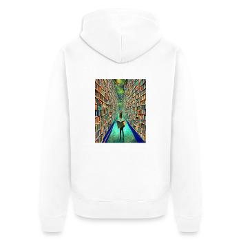 "Die Bücherei der Zeit" - Unisex Premium Bio Zip Hoodie - Weiß - Hinten - Thijin (182cm)
