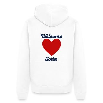 Sofia willkommen - Unisex Premium Bio Zip Hoodie - Weiß - Hinten - Thijin (182cm)