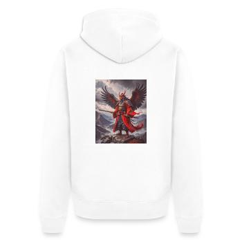 Majestätischer geflügelter Tengu-Krieger mit roter Maske über m - Unisex Premium Bio Zip Hoodie - Weiß - Hinten - Thijin (182cm)