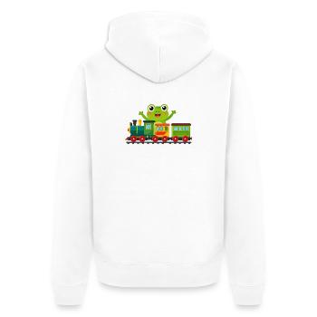 Green cartoon frog cheering with toy train - Unisex Premium Organic Zip Hoodie - white - Back - Thijin (182cm)