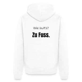 Wie läuft’s? Zu Fuß – Fun Spruch, schwarze Schrift - Unisex Premium Bio Zip Hoodie - Weiß - Hinten - Thijin (182cm)