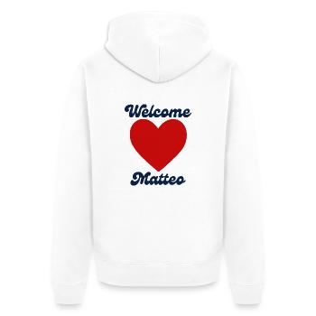 Matteo willkommen - Unisex Premium Bio Zip Hoodie - Weiß - Hinten - Thijin (182cm)