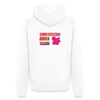 Weniger Stress, mehr Vibes, Neon-Psy. - Unisex Premium Bio Zip Hoodie - Weiß - Hinten - Thijin (182cm)