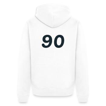 90. 90 JAHRE. 90-JÄHRIGES JUBILÄUM. 90-JÄHRIGES JUBILÄUM. - Unisex Premium Bio Zip Hoodie - Weiß - Hinten - Thijin (182cm)