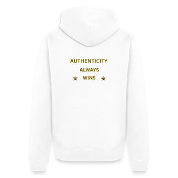 L’AUTHENTICITÉ GAGNE TOUJOURS – Citation motivationnelle en or - Veste à capuche bio Premium Unisexe - blanc - Dos - Thijin (182cm)