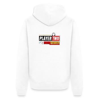 Spieler Zwei Overpower | Spieler- und Streamer-Stil - Unisex Premium Bio Zip Hoodie - Weiß - Hinten - Thijin (182cm)