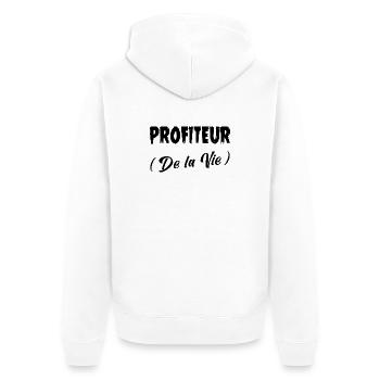 PROFITEUR (DES LEBENS)! (schwarz) - Unisex Premium Bio Zip Hoodie - Weiß - Hinten - Thijin (182cm)