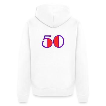 50. 50 JAHRE. 50-JÄHRIGES JUBILÄUM. 50-JÄHRIGES JUBILÄUM. - Unisex Premium Bio Zip Hoodie - Weiß - Hinten - Thijin (182cm)