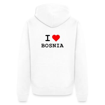 I love Bosnia - Ich liebe Bosnien - Unisex Premium Bio Zip Hoodie - Weiß - Hinten - Thijin (182cm)