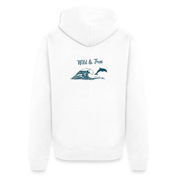 Wild & Free Ocean Wave Dolphin Surf Beach Vibes - Unisex Premium Bio Zip Hoodie - Weiß - Hinten - Thijin (182cm)