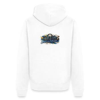 Bin nie zu spät: Zeitfenster - Unisex Premium Bio Zip Hoodie - Weiß - Hinten - Thijin (182cm)