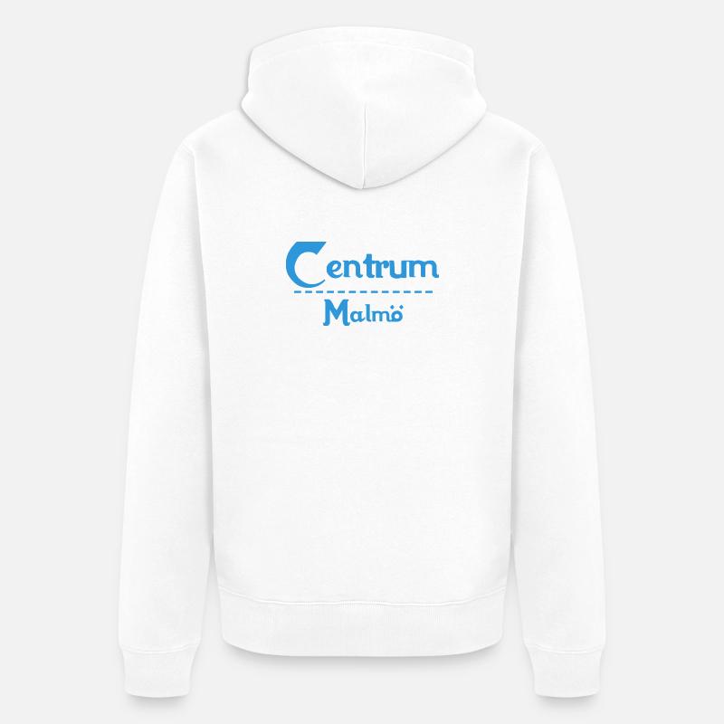 Centrum Malmö – Conception de texte bleu - Veste à capuche bio Premium Unisexe - blanc