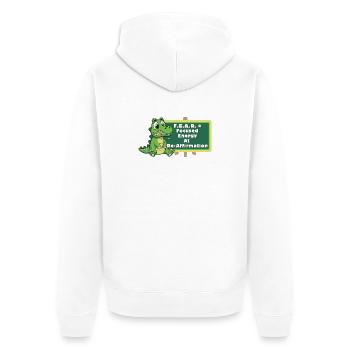 Crock: ANGST = Fokussierte Energie bei der erneuten Bestätigung - Unisex Premium Bio Zip Hoodie - Weiß - Hinten - Thijin (182cm)