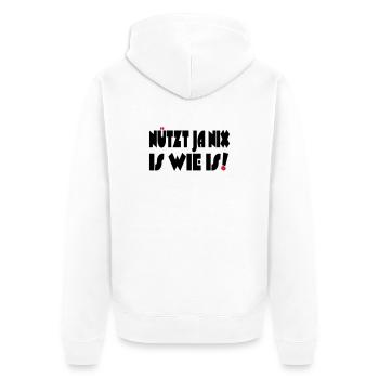 Nützt ja nix, Is wie Is - Unisex Premium Bio Zip Hoodie - Weiß - Hinten - Thijin (182cm)