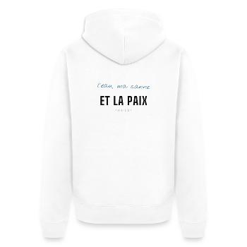 Eau et Paix: Script Bleu et Lettrage Noir - Veste à capuche bio Premium Unisexe - blanc - Dos - Thijin (182cm)