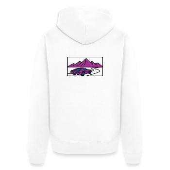 Illustration des montagnes de voitures rétro - Veste à capuche bio Premium Unisexe - blanc - Dos - Thijin (182cm)