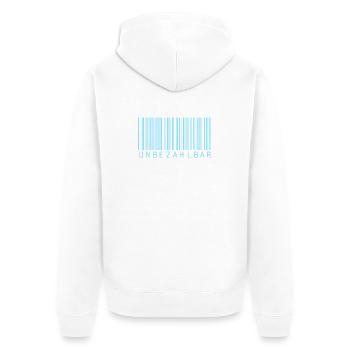 Barcode Hellblau "UNBEZAHLBAR"  - Unisex Premium Bio Zip Hoodie - Weiß - Hinten - Thijin (182cm)