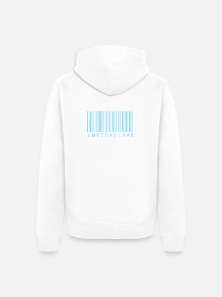 Barcode Hellblau "UNBEZAHLBAR"  - Unisex Premium Bio Zip Hoodie - Weiß