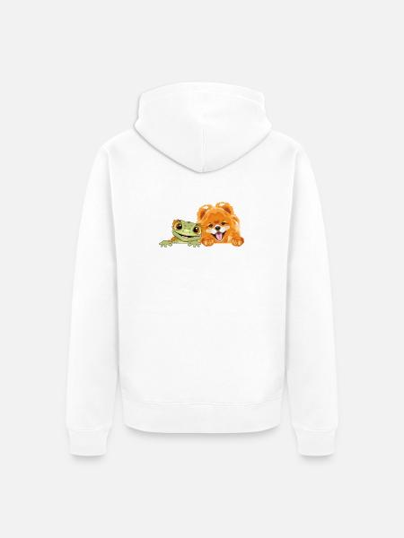Peeking_Pomeranian_dog_and_funny_smiling_gecko - Unisex Premium Bio Zip Hoodie - Weiß