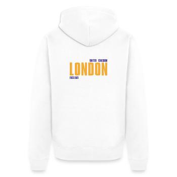 London in golden text with blue accents - Unisex Premium Organic Zip Hoodie - white - Back - Thijin (182cm)