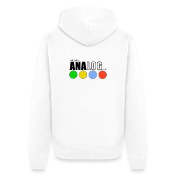 ANALOGisch - Unisex Premium Bio Zip Hoodie - Weiß - Hinten - Thijin (182cm)