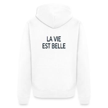 La Vie Est Belle Schriftzug - Unisex Premium Bio Zip Hoodie - Weiß - Hinten - Thijin (182cm)