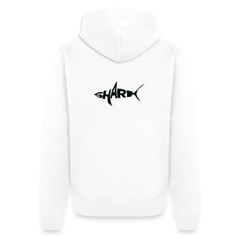 Mot-symbole requin noir Typographie avec nageoire - Veste à capuche bio Premium Unisexe - blanc - Dos - Thijin (182cm)