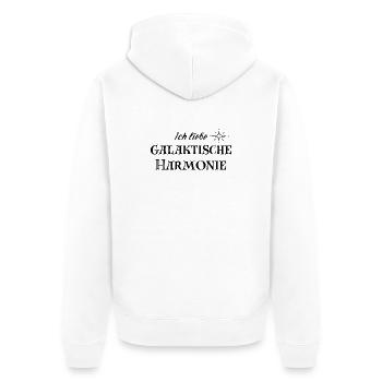 HARMONIE – Galaktisches Statement Mode - Unisex Premium Bio Zip Hoodie - Weiß - Hinten - Thijin (182cm)