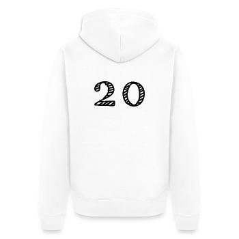 20. 20 JAHRE. 20-JÄHRIGES JUBILÄUM. 20-JÄHRIGES JUBILÄUM. - Unisex Premium Bio Zip Hoodie - Weiß - Hinten - Thijin (182cm)