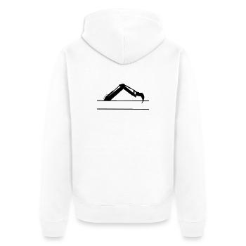 Baggerarm maßgeschneidert – Baukonstruktion - Unisex Premium Bio Zip Hoodie - Weiß - Hinten - Thijin (182cm)