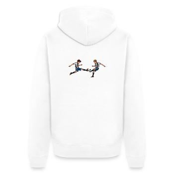 Deux garçons jouant au football – Art de l’esprit d’équipe sportif - Veste à capuche bio Premium Unisexe - blanc - Dos - Thijin (182cm)
