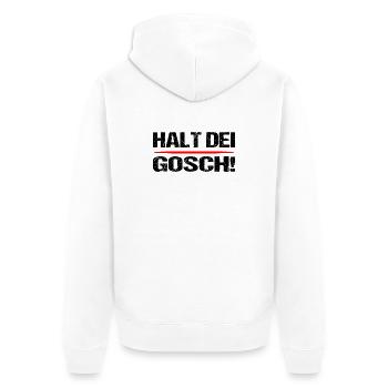Halt dei Gosch! Schwäbischer Spruch - Unisex Premium Bio Zip Hoodie - Weiß - Hinten - Thijin (182cm)