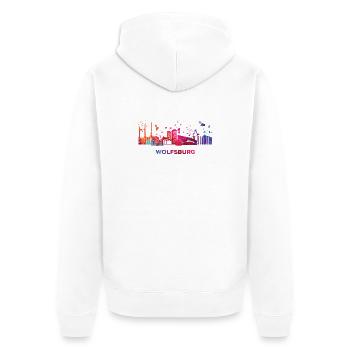 Wolfsburger Skyline Wolfsburg - Unisex Premium Bio Zip Hoodie - Weiß - Hinten - Thijin (182cm)