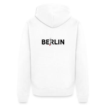 Berliner Skyline mit Blitz und Herz - Unisex Premium Bio Zip Hoodie - Weiß - Hinten - Thijin (182cm)