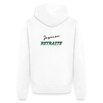 RUHESTAND. RUHESTAND. PENSIONIERT. RUHESTAND - Unisex Premium Bio Zip Hoodie - Weiß - Hinten - Thijin (182cm)