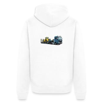Tieflader mit Bagger - Unisex Premium Bio Zip Hoodie - Weiß - Hinten - Thijin (182cm)