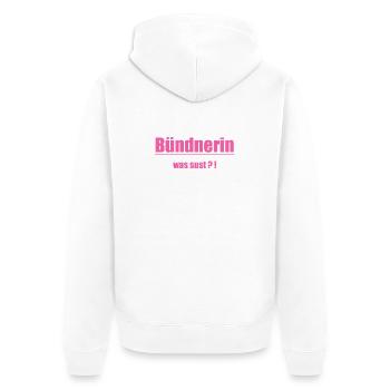 Femme des Grisonds. Quelle douceur ?! Texte rose - Veste à capuche bio Premium Unisexe - blanc - Dos - Thijin (182cm)