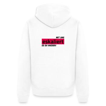 Mit uns eskaliert es eh wieder! - Unisex Premium Bio Zip Hoodie - Weiß - Hinten - Thijin (182cm)