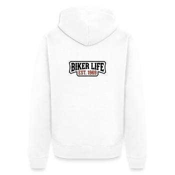 Biker Life Schriftzug Logo - Unisex Premium Bio Zip Hoodie - Weiß - Hinten - Thijin (182cm)