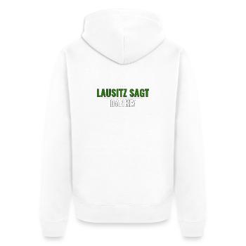 Lausitz Danke-Shirt — Kurz, klar, regional - Unisex Premium Bio Zip Hoodie - Weiß - Hinten - Thijin (182cm)