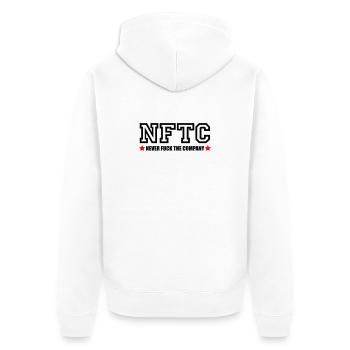 Never fuck the Company - Unisex Premium Bio Zip Hoodie - Weiß - Hinten - Thijin (182cm)