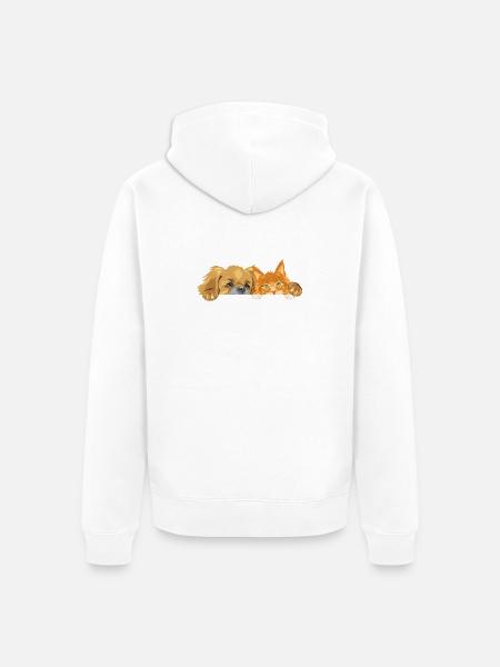 Pekingeserhund und Ginger Maine Coon-Katze - Unisex Premium Bio Zip Hoodie - Weiß